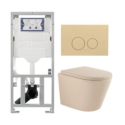QeramiQ Dely Toiletset - 36.3x51.7cm - diepspoel - rimless - Geberit UP320 inbouwreservoir - softclose toilet zitting 35 mm - bedieningsplaat beige - ronde knoppen - mat beige