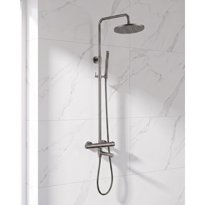 Fortifura Calvi Regendoucheset - thermostatisch - 25cm hoofddouche - metalen slang - staaf handdouche - draaibare baduitloop - PVD - geborsteld gunmetal (antraciet)