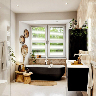 MONDIAZ VICA meuble sous lavabo 150cm Urban 2 tiroirs. Lavabo MOON gauche sans trou de robinet, couleur Talc.