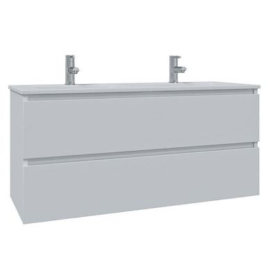 Adema Chaci Meuble salle de bain - 120x46x57cm - 2 vasques en céramique blanche - 2 trous de robinet - 2 tiroirs - miroir rond avec éclairage - blanc mat