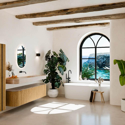 MONDIAZ THOR-DLUX 180cm badmeubel ronding links + rechts kleur Oak met 2 lades en 2 deuren. Vrijhangende wastafel CLOUD Midden zonder kraangat kleur Saba.
