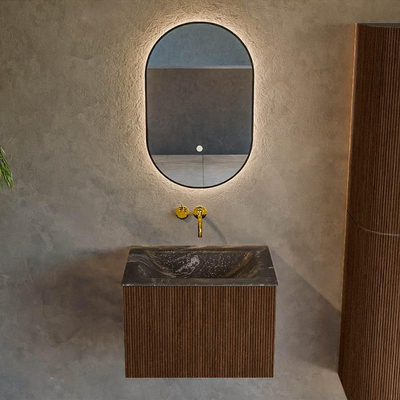 MONDIAZ KURVE-DLUX 60cm badmeubel kleur Walnut met 1 lade. Wastafel CLOUD midden zonder kraangat kleur Lava.