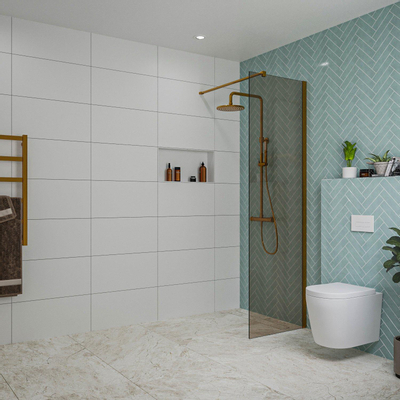 Fortifura Galeria inloopdouche - 60x200cm - rookglas - wandarm - PVD - geborsteld koper