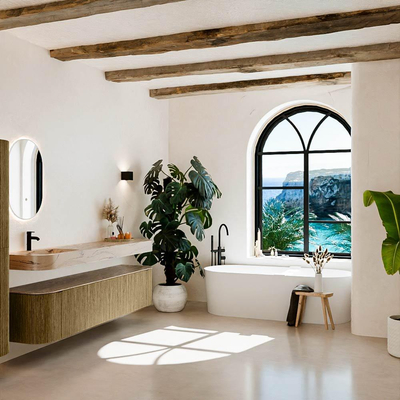 MONDIAZ THOR-DLUX 200cm meuble de salle de bains arrondi gauche + droite couleur Dusk avec 2 tiroirs et 2 portes. Vasque suspendue CLOUD Gauche 1 trou de robinet couleur Arena.