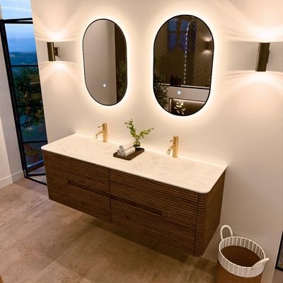 Mondiaz CIRO-DLUX Badkamermeubelset - 150x45x50cm - Solid surface wastafel Opalo - 2 wasbak Dubbel - 2 kraangaten - 4 lades - Dusk