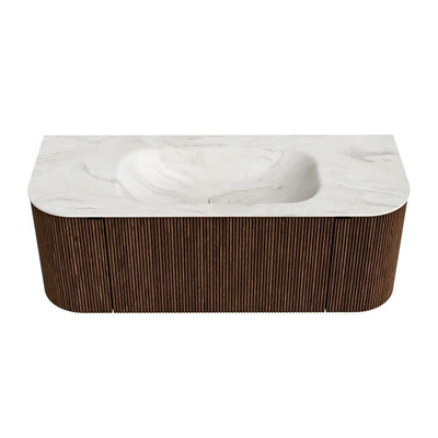 MONDIAZ KURVE-DLUX Meuble de salle de bains 120 cm avec module 25 Len R couleur Walnut avec 1 tiroir et 2 portes. Lavabo BIG SMALL central sans trou de robinet couleur Ostra.