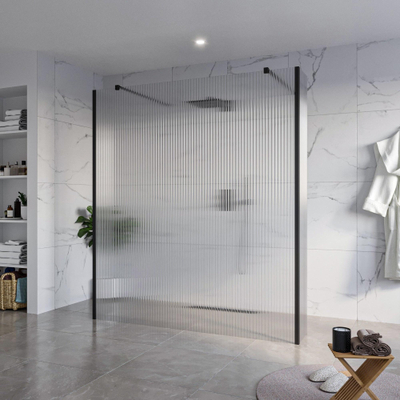 FugaFlow Eccelente Vetro Douche à l'italienne libre - 180x200cm - Clair strié - anti-calcaire - verre de sécurité 8mm - 2 parois latérales 30cm - avec bras muraux et profils d'angle - Noir mat -