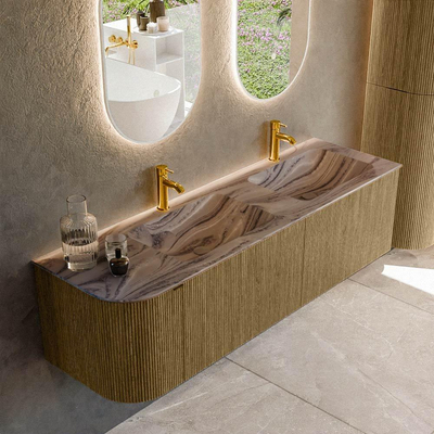 MONDIAZ KURVE-DLUX Meuble de salle de bains 155cm arrondi à gauche couleur Dusk avec 2 tiroirs et 1 porte. Lavabo LEAF Double / Droite 2 trous de robinet Sombra.