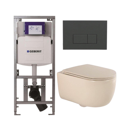 QeramiQ Dely Swirl Toiletset - 36.3x51.7cm - Geberit UP320 inbouwreservoir - met Burda frame - slimzitting - bedieningsplaat antraciet mat - rechthoekige knoppen - beige
