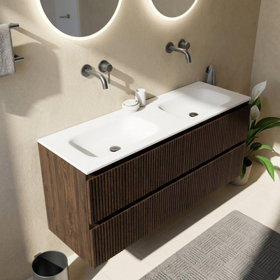 Saniclass Holz Atelier Ensemble de meubles de salle de bains - 140x45x61.5cm - Flow lavabo en solid surface blanc - 2 vasques - sans trous de robinetterie - 4 tiroirs - chêne charcoal mat (bois)