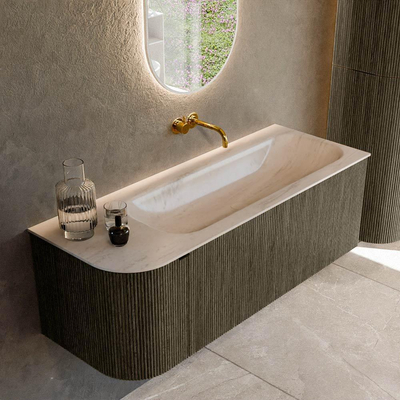 MONDIAZ KURVE-DLUX Meuble de salle de bains 125cm arrondi à gauche couleur Shadow avec 1 tiroir et 1 porte. Lavabo BIG MEDIUM à droite sans trou de robinet Meli.