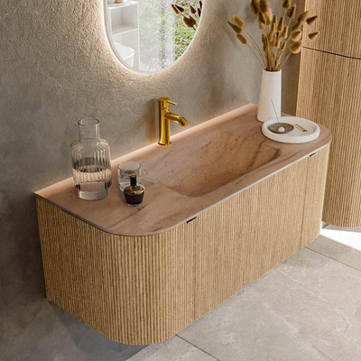 MONDIAZ KURVE-DLUX Meuble de salle de bains 110cm arrondi Gauche + Droite couleur Chêne avec 1 tiroir et 2 portes. Lavabo CLOUD Central 1 trou de robinet Saba.