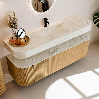 MONDIAZ THOR-DLUX 160cm badmeubel ronding links + rechts kleur Oak met 1 lade en 2 deuren. Vrijhangende wastafel CLOUD Midden 1 kraangat kleur Ostra.