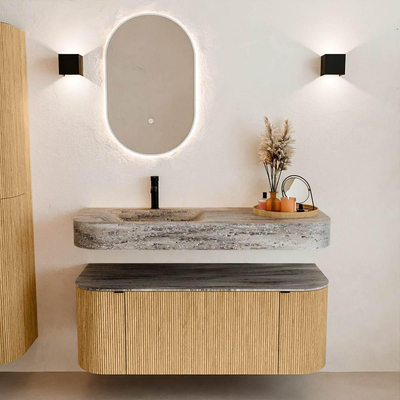 MONDIAZ THOR-DLUX 120cm badmeubel ronding links + rechts kleur Oak met 1 lade en 2 deuren. Vrijhangende wastafel CLOUD Links 1 kraangat kleur Oza.