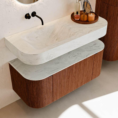 MONDIAZ THOR-DLUX 110cm meuble de salle de bains arrondi gauche + droite couleur Ruby avec 1 tiroir et 2 portes. Vasque suspendue CLOUD Gauche sans trou de robinet couleur Opalo.