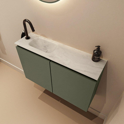 MONDIAZ TURE-DLUX Meuble de toilettes 80 cm Army. EDEN lavabo Opalo position gauche. Avec 1 trou de robinet.