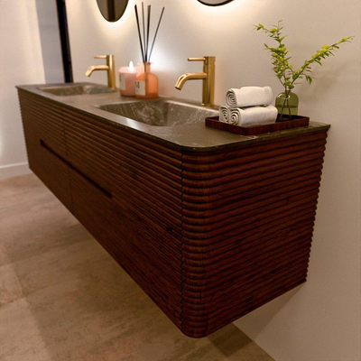 Mondiaz CIRO-DLUX Ensemble de meubles de salle de bains - 180x45x50cm - lavabo en solid surface Lava - 2 vasques double - 2 trous de robinet - 4 tiroirs - Ruby