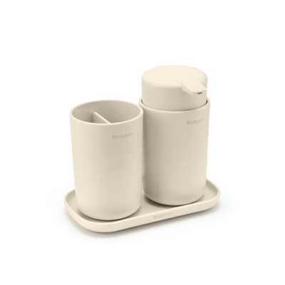 Brabantia ReNew Accessoires de salle de bains - set de 3 - Distributeur de savon - Porte-brosse à dents - Coupelle - beige doux