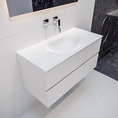 ENSEMBLE DE MEUBLE MONDIAZ VICA - 100cm - 2 tiroirs - lavabo Moon central - 0 trous de robinet - solid surface talc