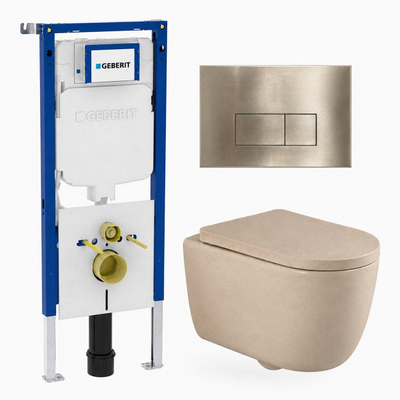 QeramiQ Dely Swirl Toiletset - 36.3x51.7cm - Geberit UP720 Duofix Sigma inbouwreservoir - 35mm zitting - geborsteld messing bedieningsplaat - rechthoekige knoppen - mat beige