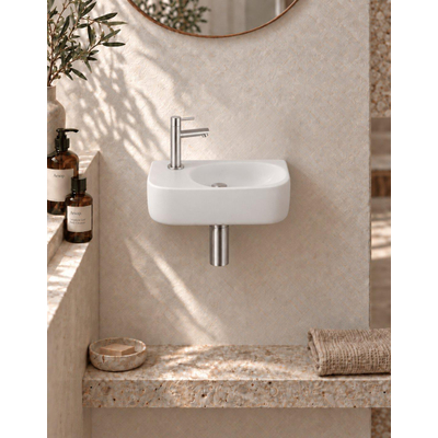 QeramiQ Fuente fonteinset – 40x21.5x12 cm – keramiek wit glans – kraangat rechts – kraan geborsteld RVS