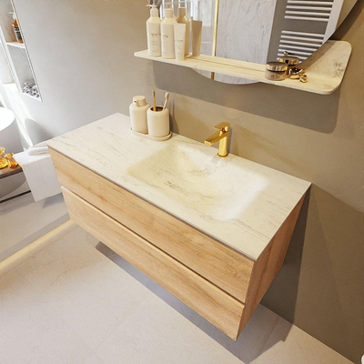 Mondiaz VICA-DLUX Ensemble de meuble de salle de bain - 110cm - meuble sous-vasque chêne blanchi - 2 tiroirs - lavabo encastré cloud droite - 1 trou de robinet - version haute de 60cm - opalo