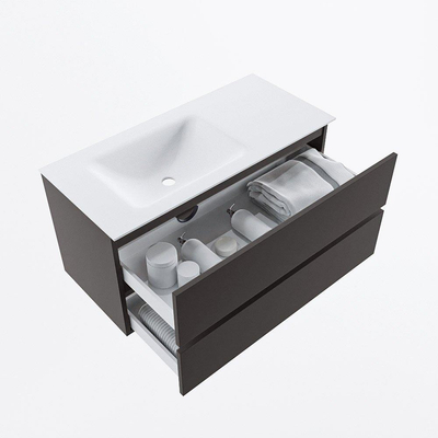 Mondiaz VICA ensemble de meuble de salle de bain - 100cm - meuble sous-vasque gris foncé - 2 tiroirs - lavabo cloud gauche - 1 trou de robinet - version haute de 60cm - talc