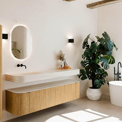 MONDIAZ THOR-DLUX 180cm meuble de salle de bains arrondi gauche + droite couleur Chêne avec 2 tiroirs et 2 portes. Vasque suspendue CLOUD Gauche sans trou de robinet couleur Meli.