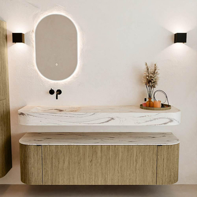 MONDIAZ THOR-DLUX 160cm meuble de salle de bains arrondi gauche + droite couleur Dusk avec 1 tiroir et 2 portes. Vasque suspendue CLOUD Gauche sans trou de robinet couleur Nata.