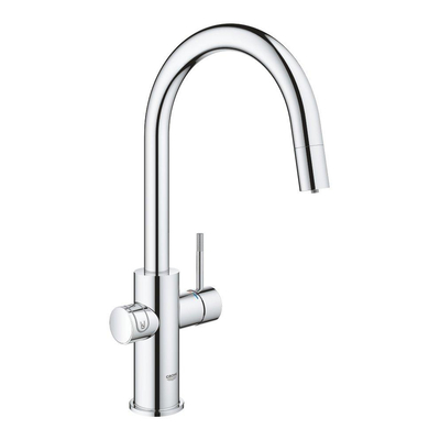 GROHE Blue Home Mitigeur de cuisine - bec en C extractible - 1 trou - fonction filtrante - eau plate légèrement pétillante et gazeuse - chrome