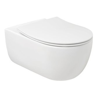 Plieger kansas WC suspendu avec chasse d'eau profonde 36x54,5cm comprenant un siège de toilette mince à fermeture souple et un dispositif de levage blanc mat.