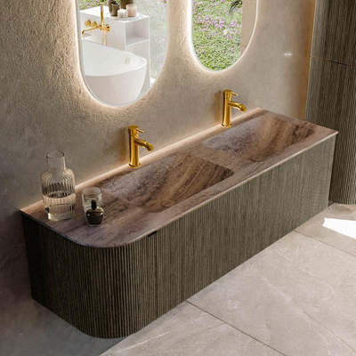 MONDIAZ KURVE-DLUX meuble de salle de bains 145cm arrondi à gauche couleur Shadow avec 1 tiroir et 1 porte. Lavabo LEAF Double / droit 2 trous de robinet Oza.