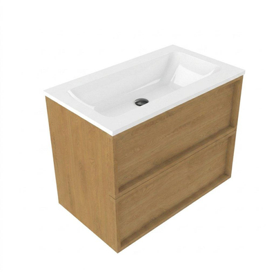 Saniclass Holz Frame Ensemble meuble de salle de bains - 80x45x77.5cm - lavabo Torino en solid surface blanc - sans trou de robinet - 2 tiroirs - chêne natural mat (bois)