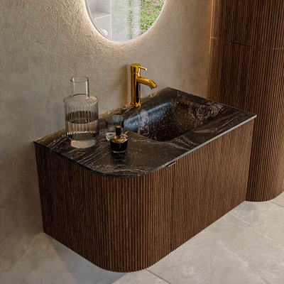 MONDIAZ KURVE-DLUX 75cm badmeubel met module 25 L kleur Walnut met 1 lade en 1 deur. Wastafel GRUNNE rechts 1 kraangat kleur Lava.