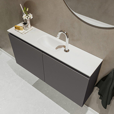 MONDIAZ TURE Toiletmeubel 100x23x50cm met 1 kraangaten 2 deuren dark grey mat Wastafel Eden midden Solid Surface Wit
