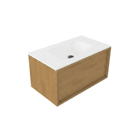 Saniclass Holz Frame Ensemble meuble de salle de bains - 80x45x41.5cm - Flow lavabo en Solid Surface blanc - 1 vasque - sans trou de robinet - 1 tiroir - chêne naturel mat (bois)