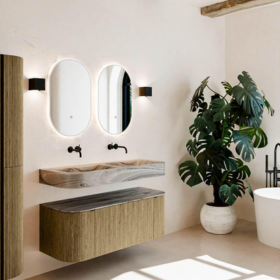 MONDIAZ THOR-DLUX 120cm meuble de salle de bains arrondi gauche + droite couleur Dusk avec 1 tiroir et 2 portes. Vasque suspendue CLOUD Double sans trou de robinet couleur Sombra.