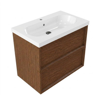 Saniclass Holz Frame Ensemble de meubles de salle de bains - 80x45x63.5cm - Vasque en céramique Palermo blanche - 1 vasque - 1 trou de robinetterie - 2 tiroirs - walnut pure mat (bois)