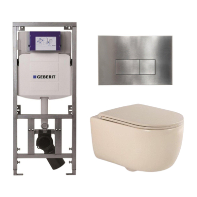 QeramiQ Dely Swirl Toiletset - 36.3x51.7cm - Geberit UP320 inbouwreservoir - met Burda frame - slim zitting - steel bedieningsplaat - rechthoekige knoppen - beige
