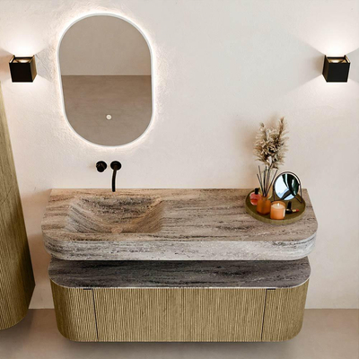 MONDIAZ THOR-DLUX 140cm meuble de salle de bains arrondi gauche + droite couleur Dusk avec 1 tiroir et 2 portes. Vasque suspendue CLOUD Gauche sans trou de robinet couleur Oza.