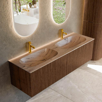 MONDIAZ KURVE-DLUX meuble de salle de bains 150cm couleur Walnut avec 2 tiroirs et 0 porte. Lavabo STOR SMALL Double 2 trous de robinet Arena.