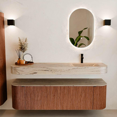 MONDIAZ THOR-DLUX 160cm meuble de salle de bains arrondi gauche + droite couleur Ruby avec 1 tiroir et 2 portes. Vasque suspendue CLOUD Droite 1 trou de robinet couleur Arena.