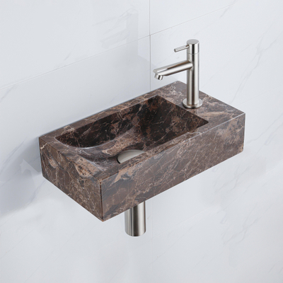 FugaFlow Efficiente Pietra Ensemble Fontaine - 40 × 22 × 10 cm - trou de robinet à droite - robinet de fontaine en inox brossé PVD - bonde d’évacuation - siphon abaissé - Dark Emporador