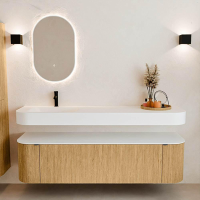 MONDIAZ THOR Meuble de salle de bains 170cm arrondi gauche + droite couleur Oak avec 1 tiroir et 2 portes. Vasque suspendue CLOUD Gauche 1 trou de robinet couleur Talc.