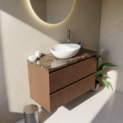 Saniclass Holz Atelier Ensemble de meubles de salle de bains - 100x45x63cm - Plan de toilette en pierre naturelle Noche dark emperador - 1 trou de robinetterie - 2 tiroirs - walnut pure mat (bois)