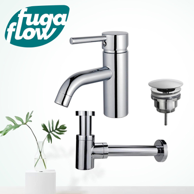 FugaFlow Eccelente Sobrado Kit mitigeur lavabo - robinet bas - bonde non-obturable - siphon design bas - Chrome brillant