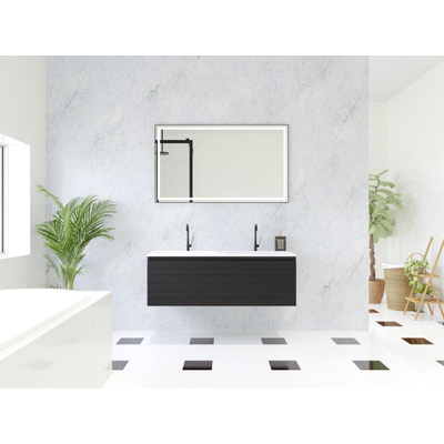 HR badmeubelen Matrix 3D ensemble meuble de salle de bains 120cm 1 tiroir sans poignée avec profil de poignée en couleur Noir mat avec lavabo thin double 2 trous de robinet blanc mat