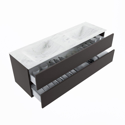 Mondiaz VICA-DLUX ensemble de meuble de salle de bain - 150cm - meuble sous-vasque gris foncé - 2 tiroirs - lavabo encastré cloud double - 2 trous de robinet - version haute de 60cm - opalo