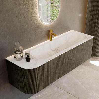 Mondiaz KURVE-DLUX Badkamermeubelset - 145x46x40cm - 1 lade - 1 deur - wastafel solid surface - rechts - 1 kraangat - Shadow