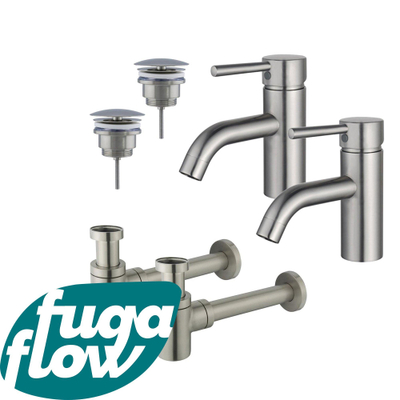 FugaFlow Eccelente Sobrado Badkamer Wastafelkraanset - voor dubbele wastafel - lage wastafelkraan - always open plug - verlaagde design sifon - PVD Geborsteld RVS